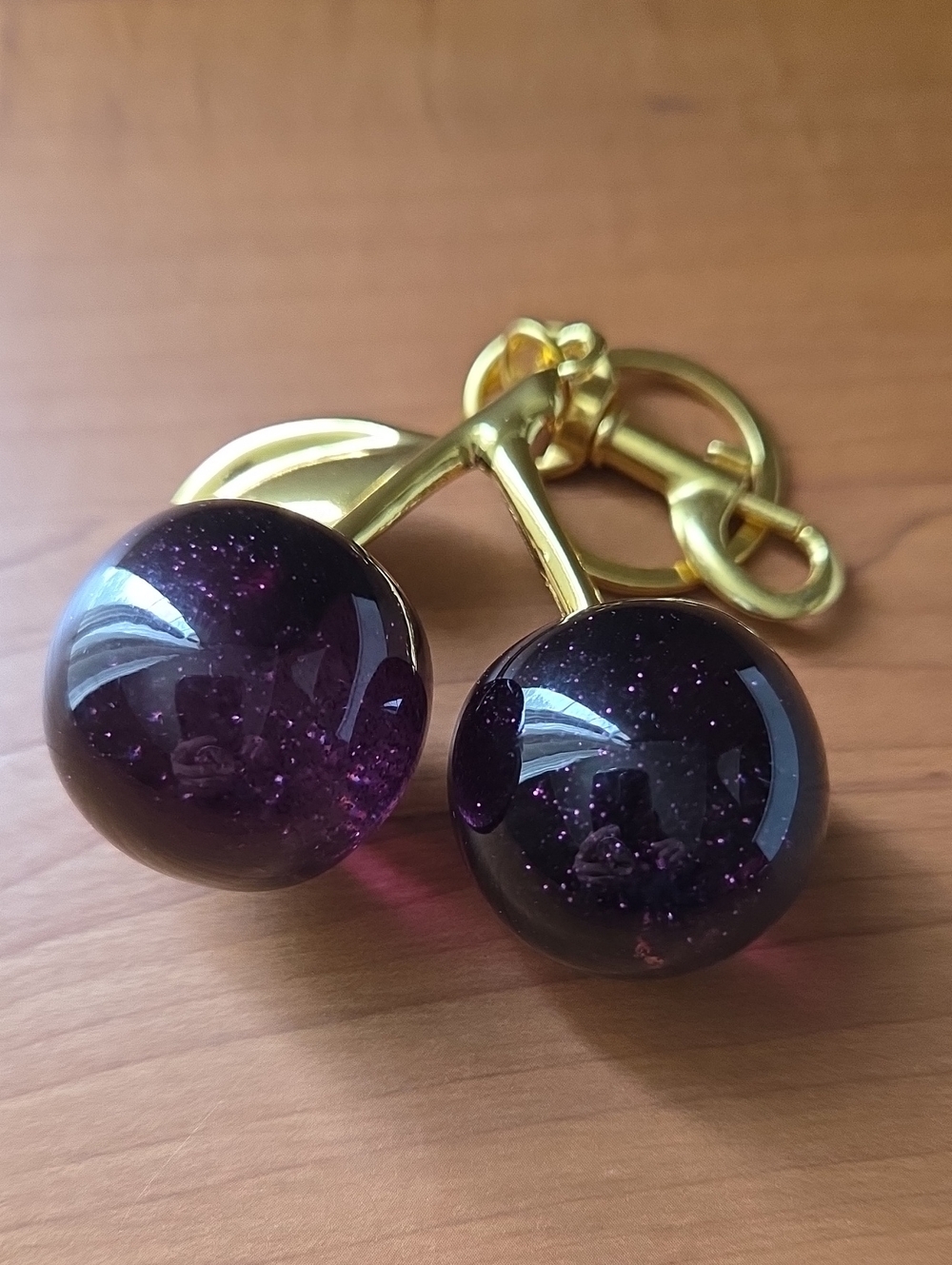 Gold Cherry Keychain with Black Glitter Cherries - Picture 7 of 7